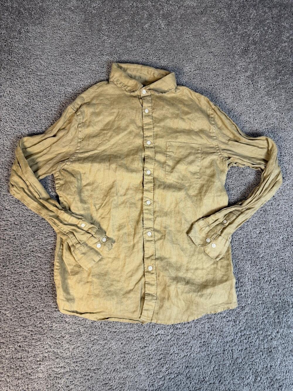 Daniel Hechter Shirt Mens L Yellow Long Sleeve Button Up Linen Lightweight